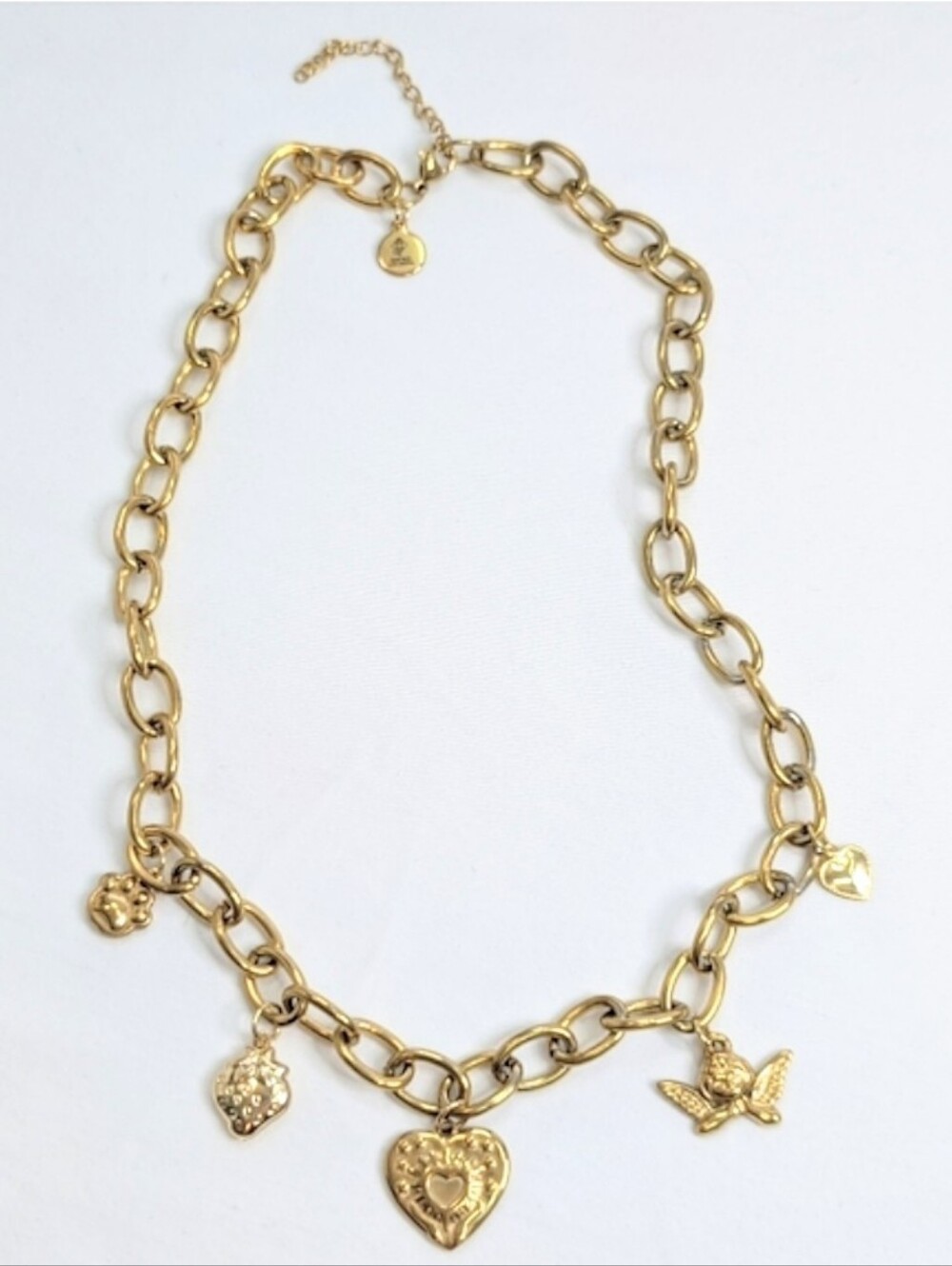 NWT Gold Whimsigoth Chunky Charm Necklace Puffy Hearts Cherub Vintage Style